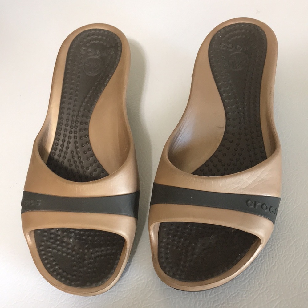Crocs Women's Tan And Brown Wedge Slide On Sandals. Very Good Condition. Size 9.